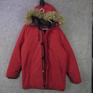 Guess Los Angeles Jacket Mens Medium Red Hooded Parka Faux Fur Trim Insulated